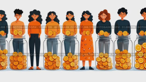 A group of diverse individuals participates in a financial workshop, discussing savings techniques while holding jars filled with coins. Стоковое AI-видео, аниматор Данила Большаков / Фотобанк Лори