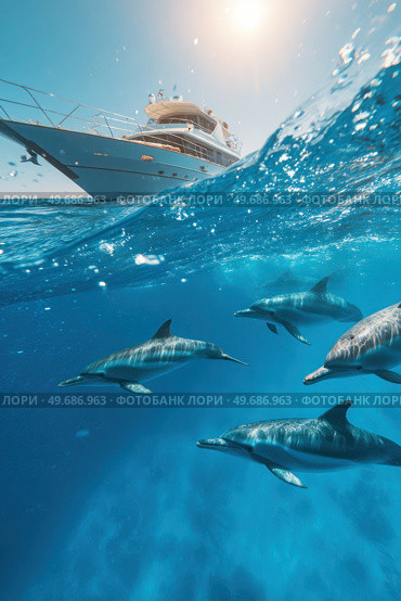 A group of dolphins swimming in the ocean next to a boat. Стоковое AI-изображение, AI-художник Ярославский Максим / Фотобанк Лори