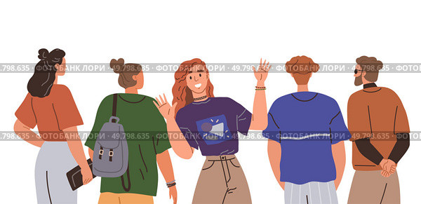 A group of five people casually interacting with each other. Ideal for themes on friendship, socializing, youth culture, casual conversations, and outdoor activities. Modern cartoon style. Group of Diverse Friends Socializing Together Outdoors with Enthusiastic Gestures and Smiles. Стоковая иллюстрация, агентство Ingram Publishing / Фотобанк Лори