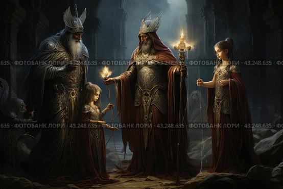 A group of four people in a fantastic setting. Three adults and one child, dressed in rich armor and capes, made in a medieval style with fantasy elements. All characters wear helmets or crowns encrusted with jewels on their heads. The central figure is a man with a beard holding a staff with a bright glowing crystal. Next to him stand two young girls, also dressed in armor, and an old man with a long white beard. The atmosphere of the scene is dark and mysterious, with architectural elements of an ancient temple or dungeon in the background. The light from the crystal and the torch held by one of the girls illuminates the characters' faces, creating dramatic lighting. Стоковое AI-изображение, AI-художник Анна Кривицкая / Фотобанк Лори