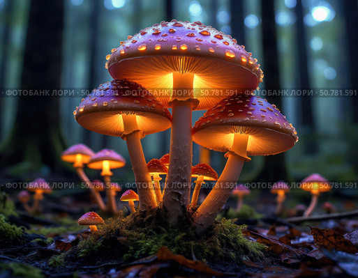 A group of glowing mushrooms are lit up in the dark. Стоковое AI-изображение, AI-художник Ярославский Максим / Фотобанк Лори