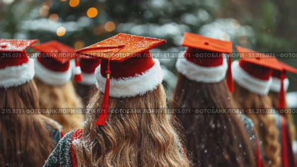 A group of graduates in red caps with white lining gathers outdoors for a winter graduation ceremony in a snowy setting. Стоковое AI-видео, аниматор Данила Большаков / Фотобанк Лори