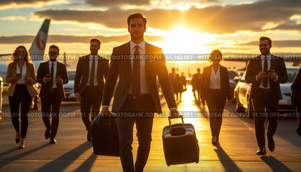 A group of men and women are walking on a runway with suitcases and luggage. Стоковое AI-изображение, AI-художник Ярославский Максим / Фотобанк Лори
