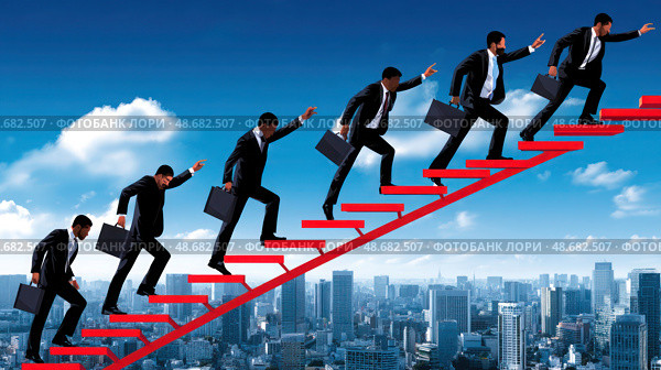 A group of men in suits are climbing a red staircase. Стоковое AI-изображение, AI-художник Ярославский Максим / Фотобанк Лори