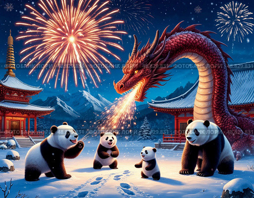 A group of pandas are playing with a dragon in a snowy landscape. Стоковое AI-изображение, AI-художник Ярославский Максим / Фотобанк Лори