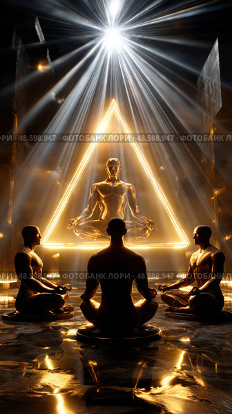 A group of people are sitting in a room with a golden triangle in the center. Стоковое AI-изображение, AI-художник Ярославский Максим / Фотобанк Лори
