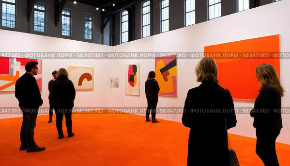 A group of people are standing in front of a room full of paintings. Стоковое AI-изображение, AI-художник Ярославский Максим / Фотобанк Лори