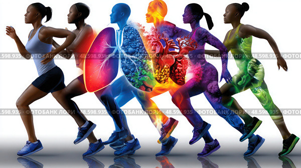 A group of people running in a line with a colorful background. Стоковое AI-изображение, AI-художник Ярославский Максим / Фотобанк Лори