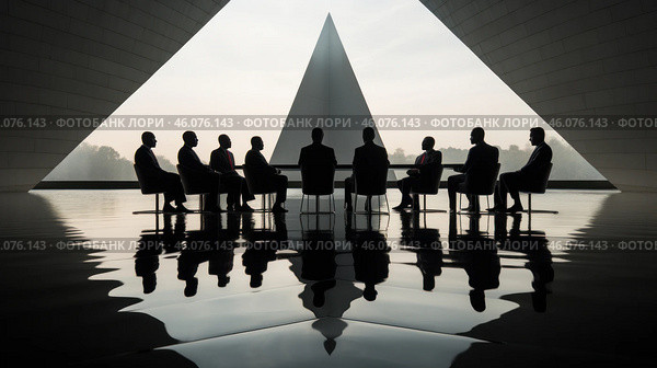 A group of people sitting at a round table in a modern, futuristic room. Their silhouettes look mysterious against the backdrop of a huge triangular window that lets in soft light. The room is surrounded by water, creating the effect of a mirror reflection of the figures, which adds an atmosphere of mysticism and importance to the scene. Visual symmetry and the play of shadows emphasize the concept of power, a secret council or an important strategic meeting. Стоковое AI-изображение, AI-художник Анна Кривицкая / Фотобанк Лори