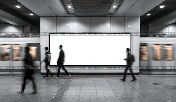 A group of people walk past a large white billboard in a subway station. Стоковое AI-изображение, AI-художник Ярославский Максим / Фотобанк Лори