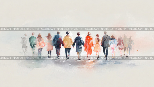 A group of people walking in a line. Стоковое AI-изображение, AI-художник Ярославский Максим / Фотобанк Лори