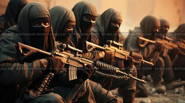 A group of terrorists with weapons. Стоковое AI-изображение, AI-художник Кирилл Черезов / Фотобанк Лори