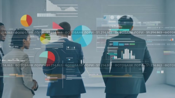 A group of three business professionals discusses important data insights and visual trends in a contemporary office environment. Стоковое AI-видео, аниматор Данила Большаков / Фотобанк Лори