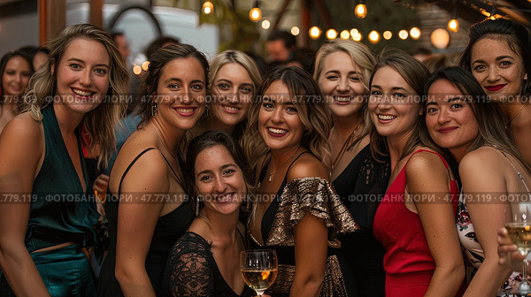 A group of women standing next to each other in a row, looking towards the camera, with various expressions on their faces. Стоковое AI-изображение, AI-художник Данила Большаков / Фотобанк Лори