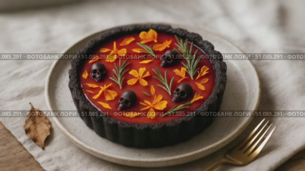 A Halloween-themed tart with a dark crust, topped with orange flowers, green leaves, and small skulls. The tart is placed on a neutral-colored plate. Стоковое AI-видео, аниматор Nart / Фотобанк Лори
