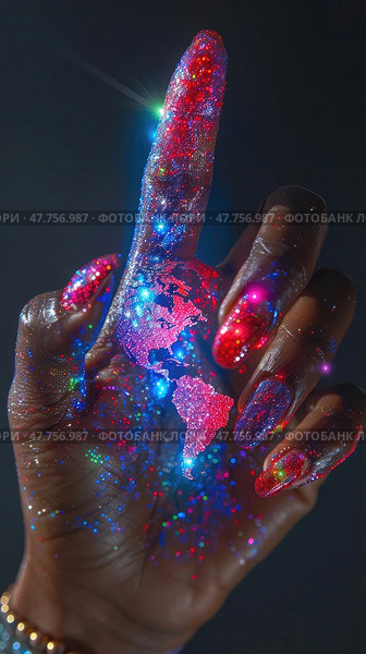 A hand decorated with vibrant colors and sparkles points upward, with a glowing map of the world prominent on the fingertip. Стоковое AI-изображение, AI-художник Данила Большаков / Фотобанк Лори