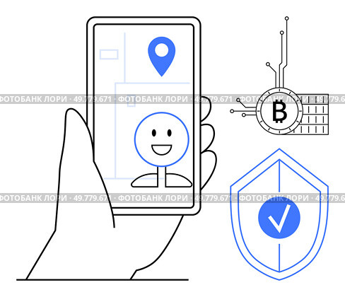 A hand holding a smartphone displaying a smiling face and location pin symbols. Adjacent elements include a shield with a checkmark and a Bitcoin connected to circuits. Ideal for digital navigation. Navigating Technology Safely GPS, Cryptocurrency, and Security in Modern Mobile Use. Стоковая иллюстрация, агентство Ingram Publishing / Фотобанк Лори