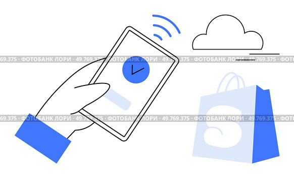 A hand holding a smartphone with a checkmark symbol, a cloud icon in the background, and a shopping bag. Ideal for themes of online shopping, digital transactions, cloud storage, e-commerce. Mobile Shopping and Cloud Integration in Modern E-commerce. Стоковая иллюстрация, агентство Ingram Publishing / Фотобанк Лори