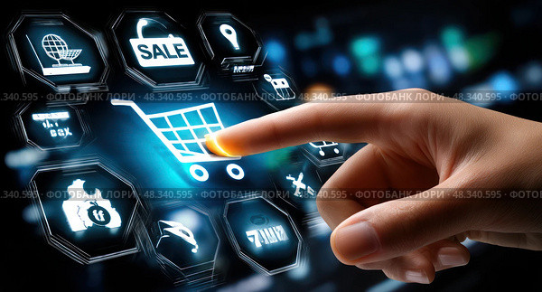 A hand is pointing at a shopping cart icon on a computer screen. Стоковое AI-изображение, AI-художник Ярославский Максим / Фотобанк Лори
