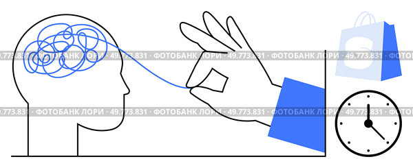 A hand untangles a line in a head symbolizing mental clarity, accompanied by a shopping bag and clock. Ideal for mental health, productivity, time management, shopping, and stress relief. Minimalist. Simplifying Mental Processes with Time Efficiency and Shopping. Стоковая иллюстрация, агентство Ingram Publishing / Фотобанк Лори