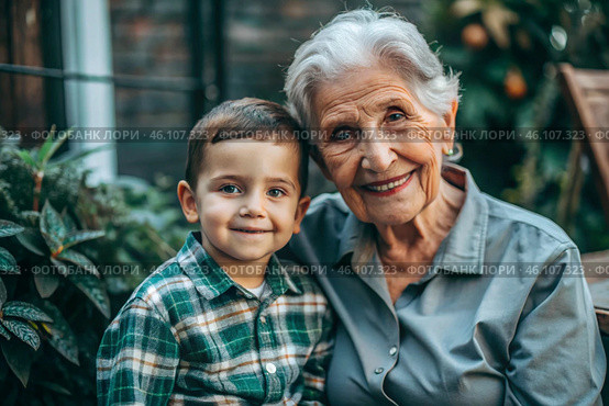 A happy family, a child and a grandmother hug on the street in the park, happy and contented. A grandmother who hugs her grandson, showing love. Стоковое AI-изображение, AI-художник Photojuli / Фотобанк Лори