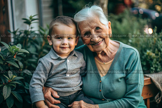 A happy family, a child and a grandmother hug on the street in the park, happy and contented. A grandmother who hugs her grandson, showing love. Стоковое AI-изображение, AI-художник Photojuli / Фотобанк Лори