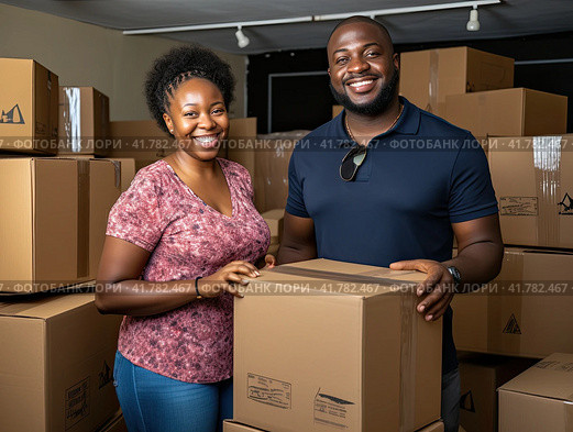A happy family is happy to move to a new house among cardboard boxes. Стоковое AI-изображение, AI-художник Ярославский Максим / Фотобанк Лори
