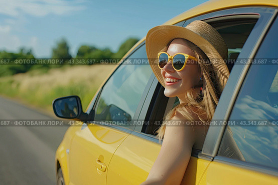 A happy girl in glasses and a straw hat leans out of the window of a yellow car towards the sun. Copy space. Стоковое AI-изображение, AI-художник Ярославский Максим / Фотобанк Лори