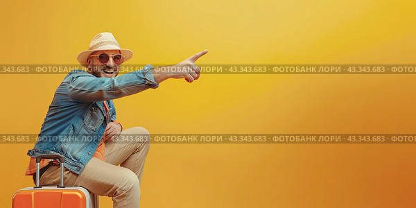 A happy male tourist sits on a suitcase and points his finger in front of him. Copy space. Стоковое AI-изображение, AI-художник Ярославский Максим / Фотобанк Лори
