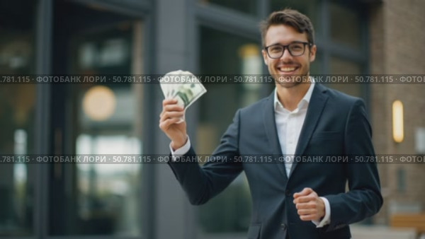 A Happy Man in a Suit Stands Outside a Sleek Building, Proudly Displaying His Cash. Стоковое AI-видео, аниматор Sergey Grishin / Фотобанк Лори