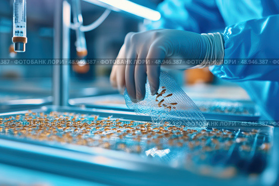 A hatchery worker carefully inspects tiny fish fry in an incubation tray. The close-up captures the delicate aquaculture process, highlighting the intricacies of fish fry care and breeding. Стоковое AI-изображение, AI-художник Nart / Фотобанк Лори