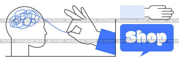 A head with tangled lines in the brain a hand untangling the lines another hand extended in offering and a speech bubble saying shop. Ideal for mental clarity problem-solving shopping therapy retail. Simplifying Thoughts Through Shopping Concept with Tangled Mind and Unknotting Hand. Стоковая иллюстрация, агентство Ingram Publishing / Фотобанк Лори