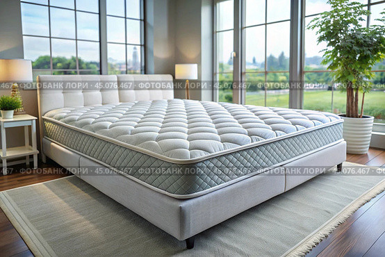 A healthy back. Choosing a mattress. A new white luxurious comfortable orthopedic mattress on the bed in the bright bedroom. Стоковое AI-изображение, AI-художник Photojuli / Фотобанк Лори