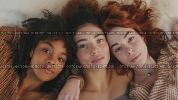 A heartwarming depiction of three youthful females with varied complexions and vibrant hair, sharing an intimate moment of genuine connection. Стоковое AI-видео, аниматор Данила Большаков / Фотобанк Лори
