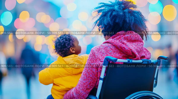 A heartwarming scene of familial love and inclusivity: A parent in wheelchair, embracing their child against a backdrop of festive bokeh lights. Стоковое AI-изображение, AI-художник Данила Большаков / Фотобанк Лори