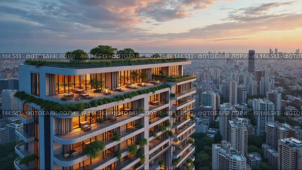 A high-rise apartment building with a rooftop terrace, offering panoramic views of the city skyline and modern living among downtown. Стоковое AI-видео, аниматор Sergey Grishin / Фотобанк Лори