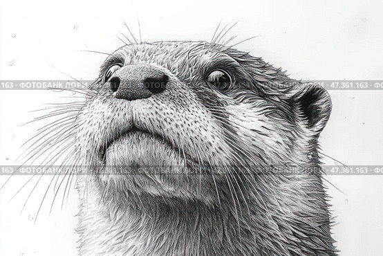 A highly detailed black and white close-up of an otter. It is depicted with a slight hint of character: the look is wary but inquisitive, the nose is shiny, the whiskers stick out to the sides. The fur is drawn with the finest lines, conveying its softness and moisture. The composition, in which the otter seems to be looking up, creates a feeling of slight drama and cuteness at the same time. The work is done in the technique of graphic illustration or line engraving. Стоковое AI-изображение, AI-художник Анна Кривицкая / Фотобанк Лори