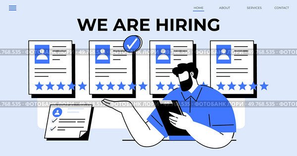 A hiring manager evaluates multiple job applications, symbolized by resumes with star ratings. Suitability is indicated by an approved checkmark. Ideal for HR, recruitment, job search, candidate. We Are Hiring Concept with Employment Applications, a Hiring Manager, and Approval Mark. Стоковая иллюстрация, агентство Ingram Publishing / Фотобанк Лори