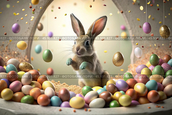 A holiday banner. A cute Easter bunny is peeking out of a hole with colorful eggs all around. The concept of a happy Easter. Стоковое AI-изображение, AI-художник Photojuli / Фотобанк Лори