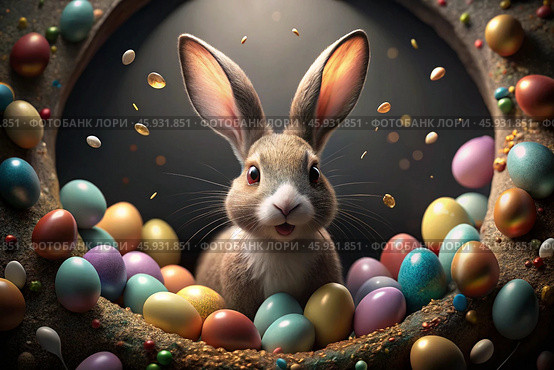 A holiday banner. A cute Easter bunny is peeking out of a hole with colorful eggs all around. The concept of a happy Easter. Стоковое AI-изображение, AI-художник Photojuli / Фотобанк Лори