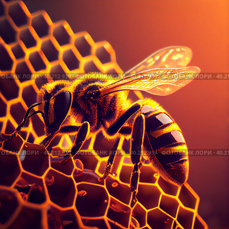 A honey bee sits on a honeycomb. Close-up shooting. Стоковая иллюстрация, иллюстратор Ярославский Максим / Фотобанк Лори