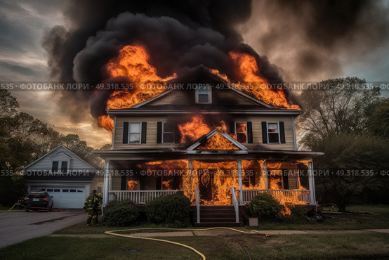 A house in flames, emitting thick smoke as it burns down, creating a dangerous situation. Стоковое AI-изображение, AI-художник Данила Большаков / Фотобанк Лори