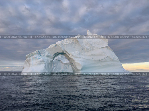 A huge high breakaway glacier drifts in the southern ocean off the coast of Antarctica at sunset, the Antarctic Peninsula, the Southern Arctic Circle, azure water, cloudy weather. Стоковое фото, фотограф Vladimir Drozdin / Фотобанк Лори