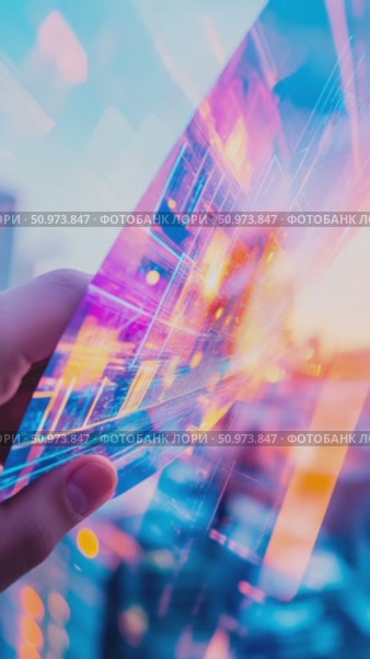 A human hand holds a translucent device displaying vibrant neon data streams and abstract circuit patterns against a soft, colorful lightscape. Стоковое AI-видео, аниматор Данила Большаков / Фотобанк Лори