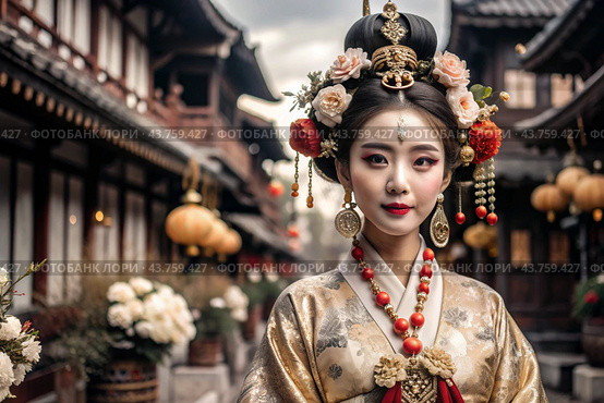 A Japanese girl in a traditional national costume - a kimono. Against the background of houses, lanterns and cherry trees. The portrait symbolizes the traditions and culture of the people of Japan. Стоковое AI-изображение, AI-художник Photojuli / Фотобанк Лори