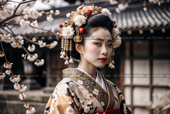 A Japanese girl in a traditional national costume - a kimono. Against the background of houses, lanterns and cherry trees. The portrait symbolizes the traditions and culture of the people of Japan. Стоковое AI-изображение, AI-художник Photojuli / Фотобанк Лори