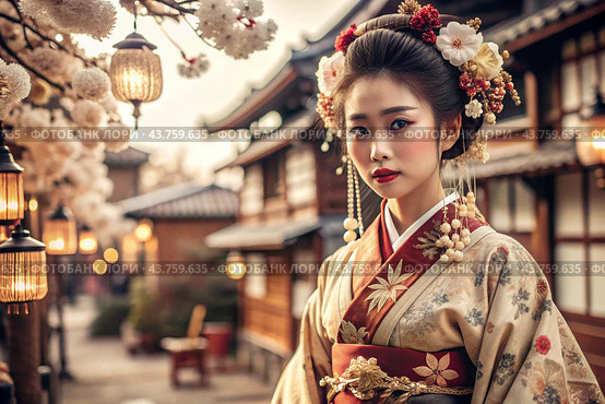 A Japanese girl in a traditional national costume - a kimono. Against the background of houses, lanterns and cherry trees. The portrait symbolizes the traditions and culture of the people of Japan. Стоковое AI-изображение, AI-художник Photojuli / Фотобанк Лори