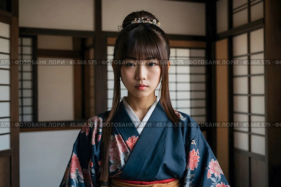 A Japanese young woman with a sword and wearing Japanese clothes. Стоковое AI-изображение, AI-художник Александр Поташев / Фотобанк Лори