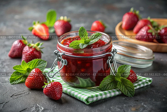 A jar of homemade strawberry, healthy jam with mint on a black background. Conservation and harvesting in summer. Стоковое AI-изображение, AI-художник Photojuli / Фотобанк Лори