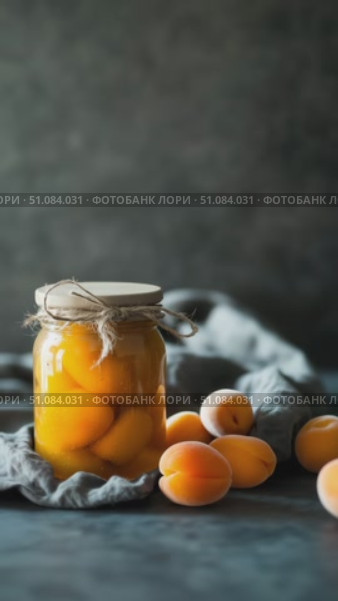 A jar of preserved apricots sits on a gray cloth. Fresh apricots are scattered around the jar. The scene highlights food preservation and healthy eating. Стоковое AI-видео, аниматор Nart / Фотобанк Лори